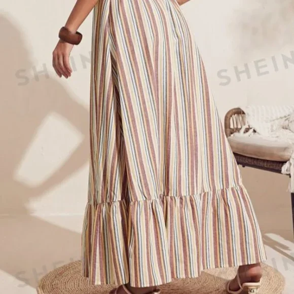 SHEIN VCAY Cutout Detail Striped Ruffle Hem Halter Dress Multicolor Size XS - Picture 3 of 12